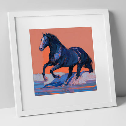 Indigo Surf Canter beach horse art print in white frame