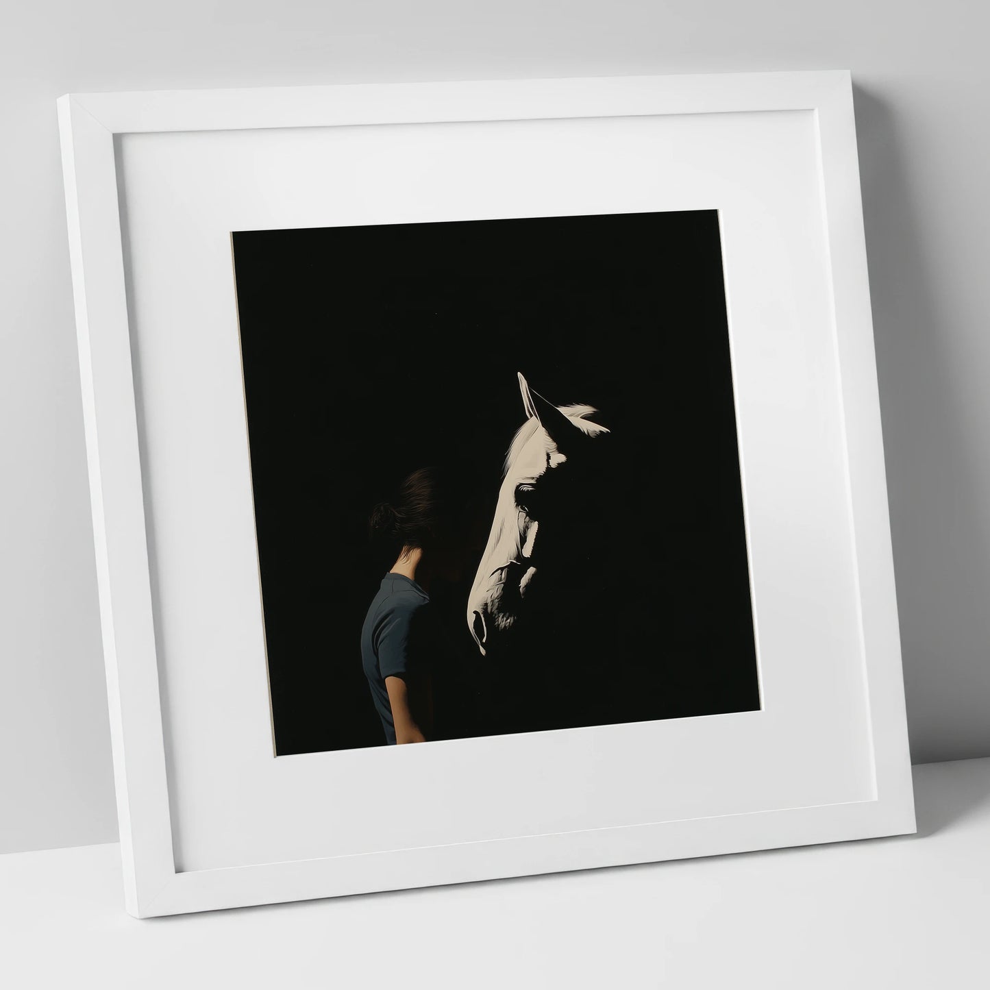 The Quiet Bond horse & rider art print in white frame