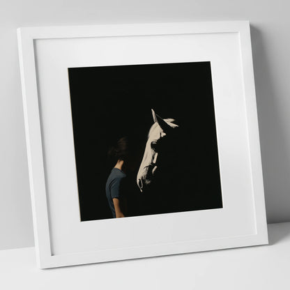 The Quiet Bond horse & rider art print in white frame