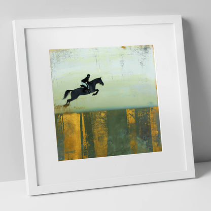 Gilded Flight show jumping horse art print in white frame