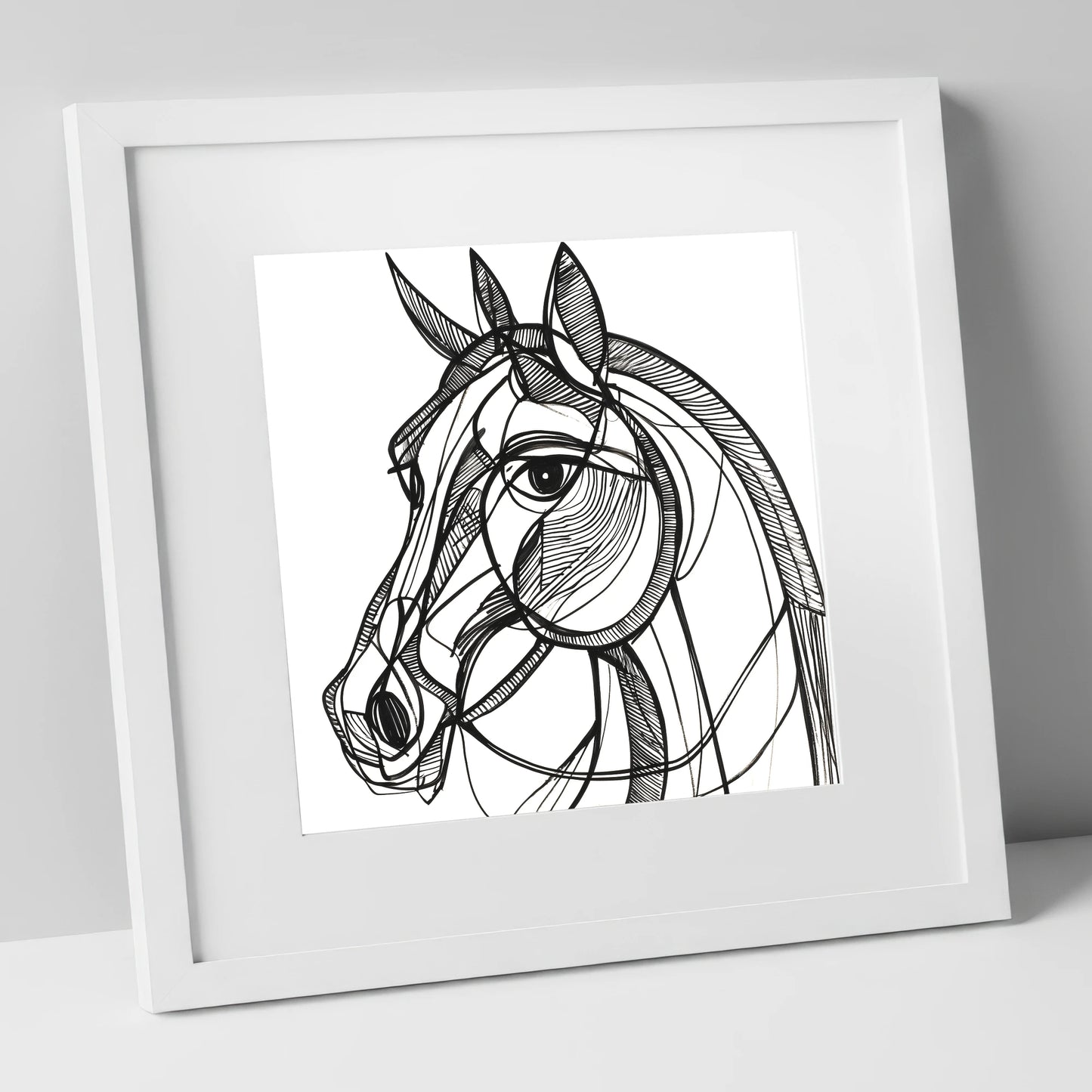 Bold Linear Equine horse portrait art print in white frame