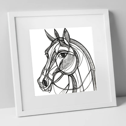 Bold Linear Equine horse portrait art print in white frame