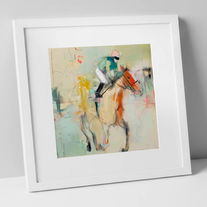 The Fleeting Stride racing horse art print in white frame