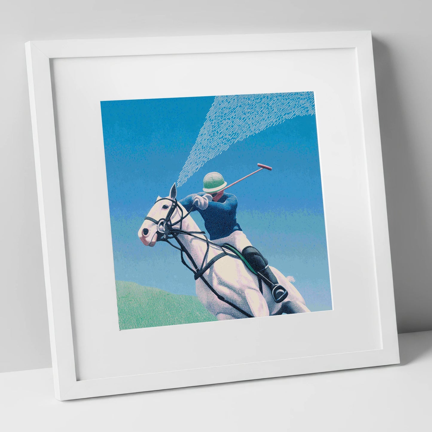 Skyward Swing polo horse art print in white frame