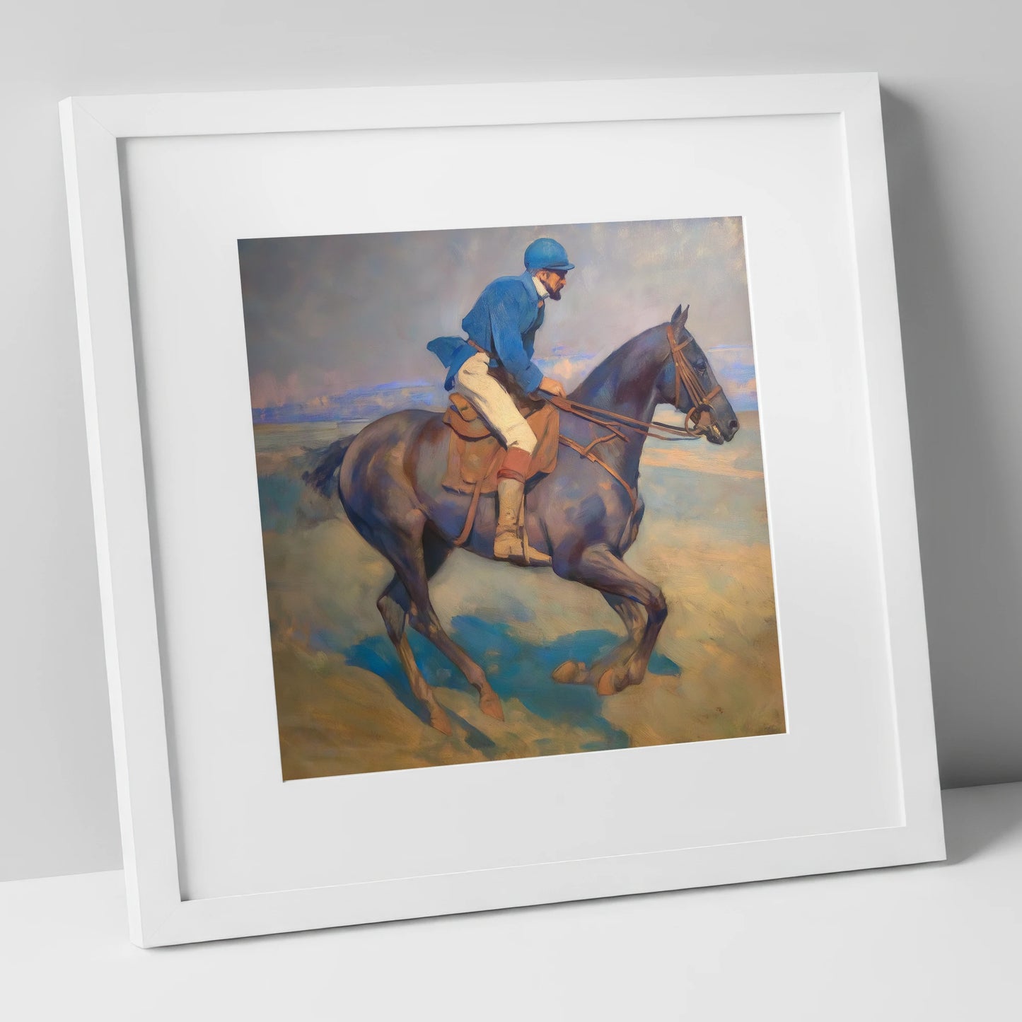 Azure Rhythm at Dawn racing horse art print in white frame