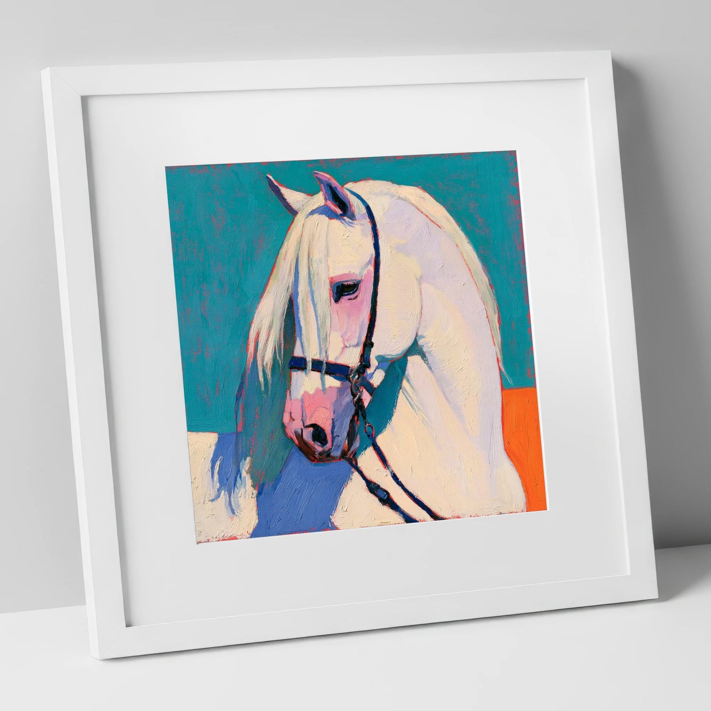 Vibrant Grey Horse on Teal horse breed art print in white frame