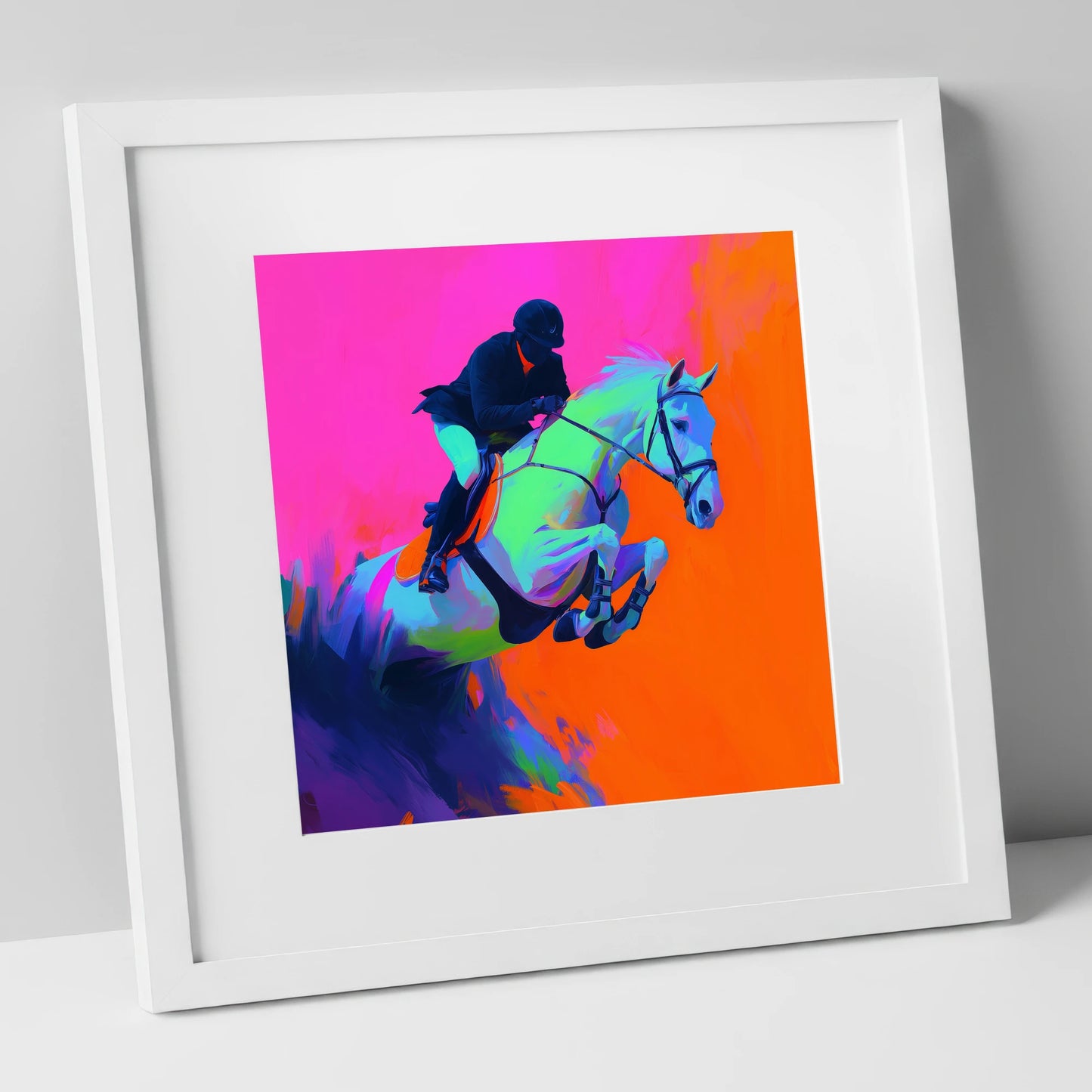 Electric Flight show jumping horse art print in white frame