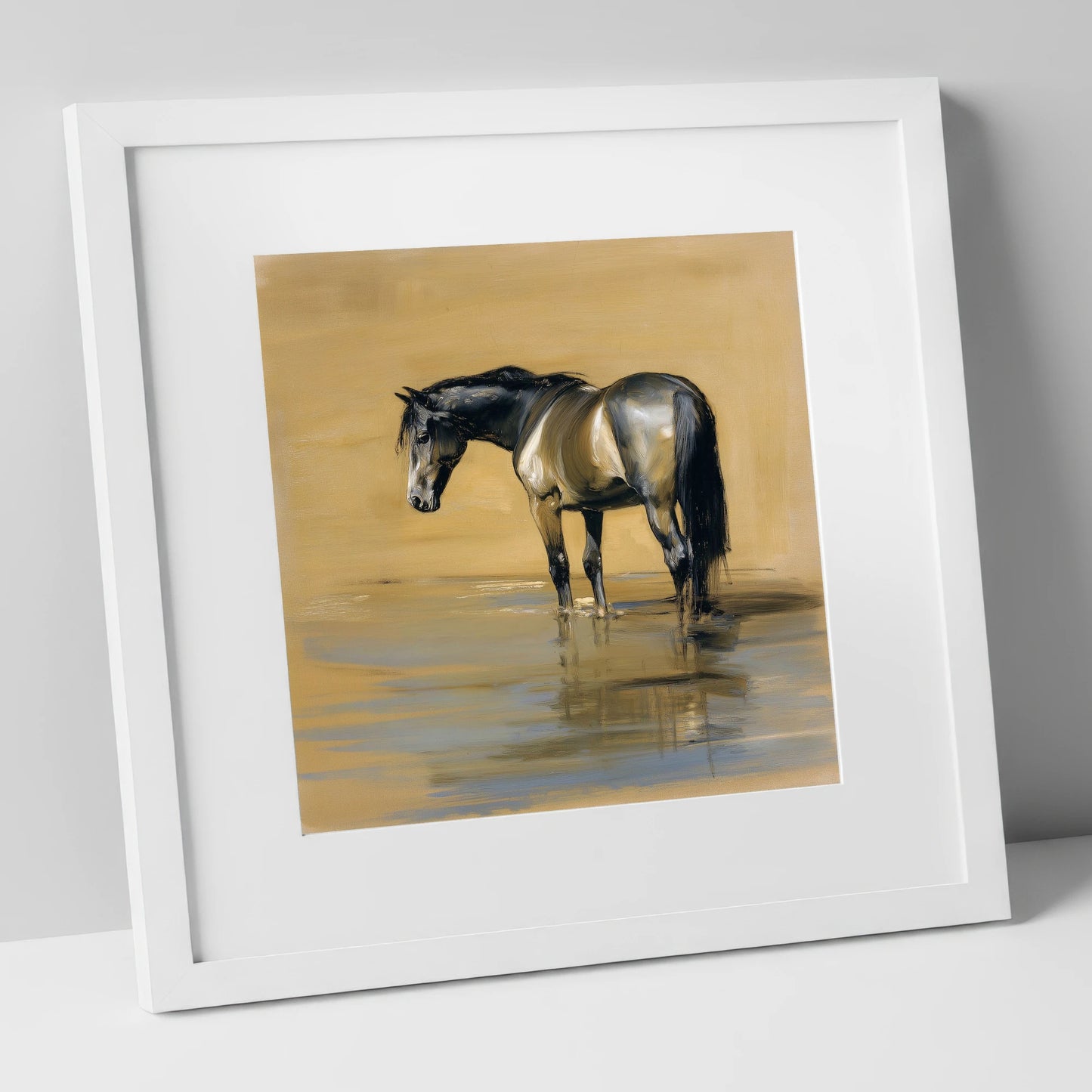 Reflection in Ochre horse portrait art print in white frame