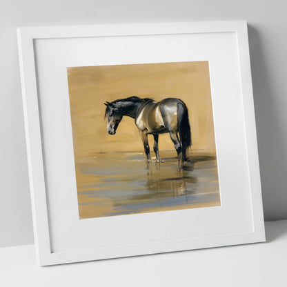 Reflection in Ochre horse portrait art print in white frame