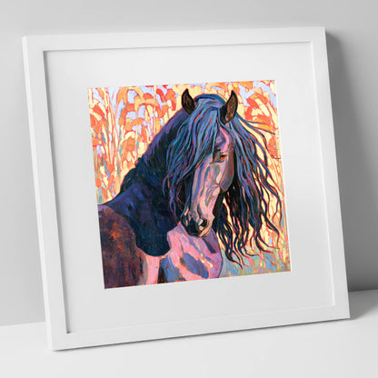 Colourful Friesian Horse Portrait horse breed art print in white frame