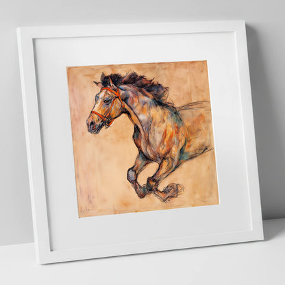 The Morning Gallop racing horse art print in white frame