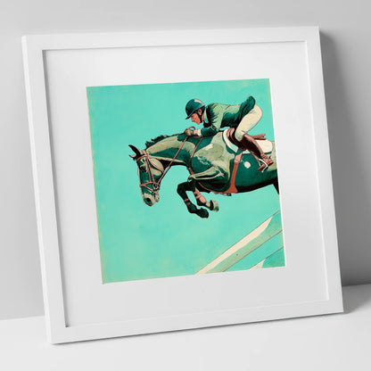 Mid-Air Mastery show jumping horse art print in white frame
