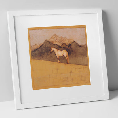 Mountain Sentinel horse landscape art print in white frame