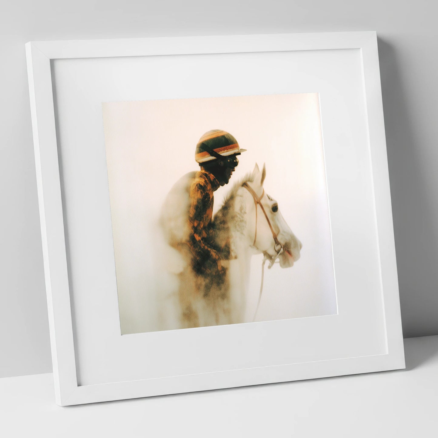 Echoes of the Track racing horse art print in white frame