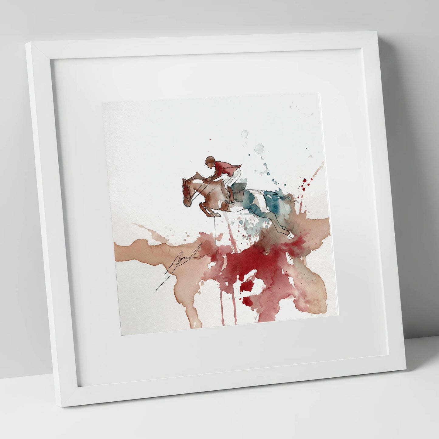 Crimson Flight show jumping horse art print in white frame