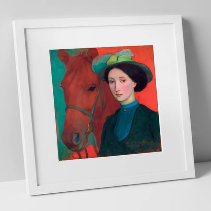 Crimson and Teal Bond horse & rider art print in white frame