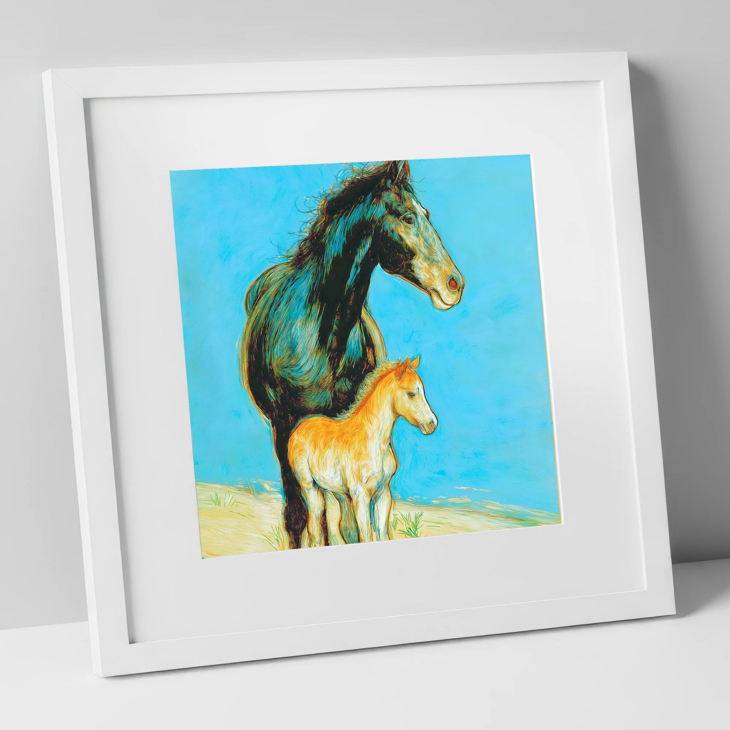 Cerulean Bond mare & foal art print in white frame
