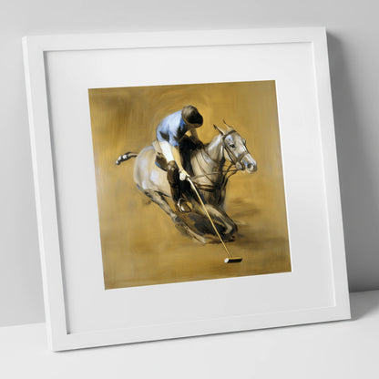 The Decisive Swing polo horse art print in white frame