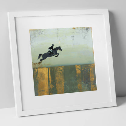 Gilded Flight show jumping horse art print in white frame