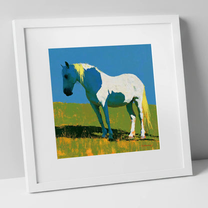 White Horse With Indigo Shadows horse breed art print in white frame