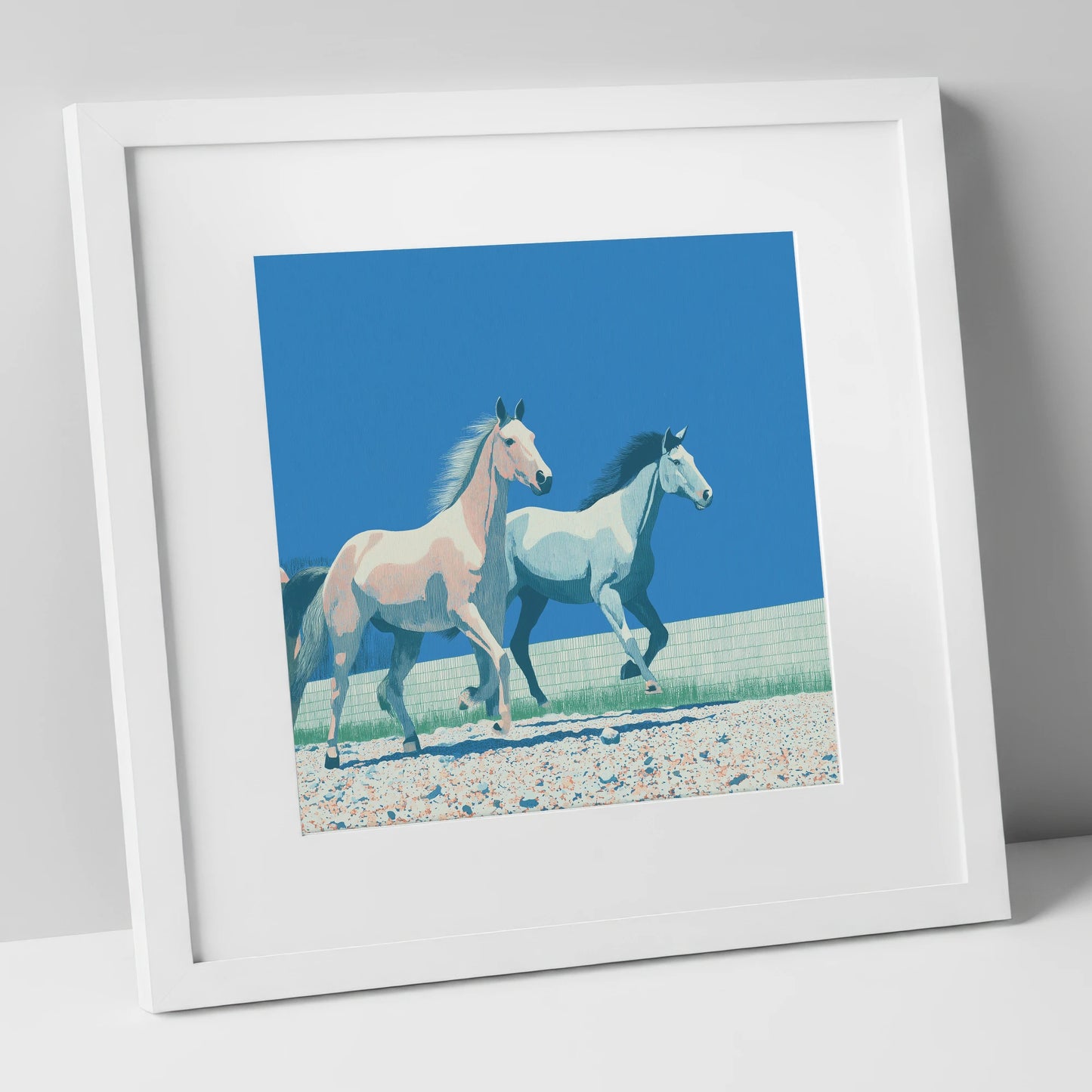Azure Horizon Strides wild horses art print in white frame