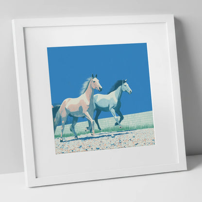 Azure Horizon Strides wild horses art print in white frame