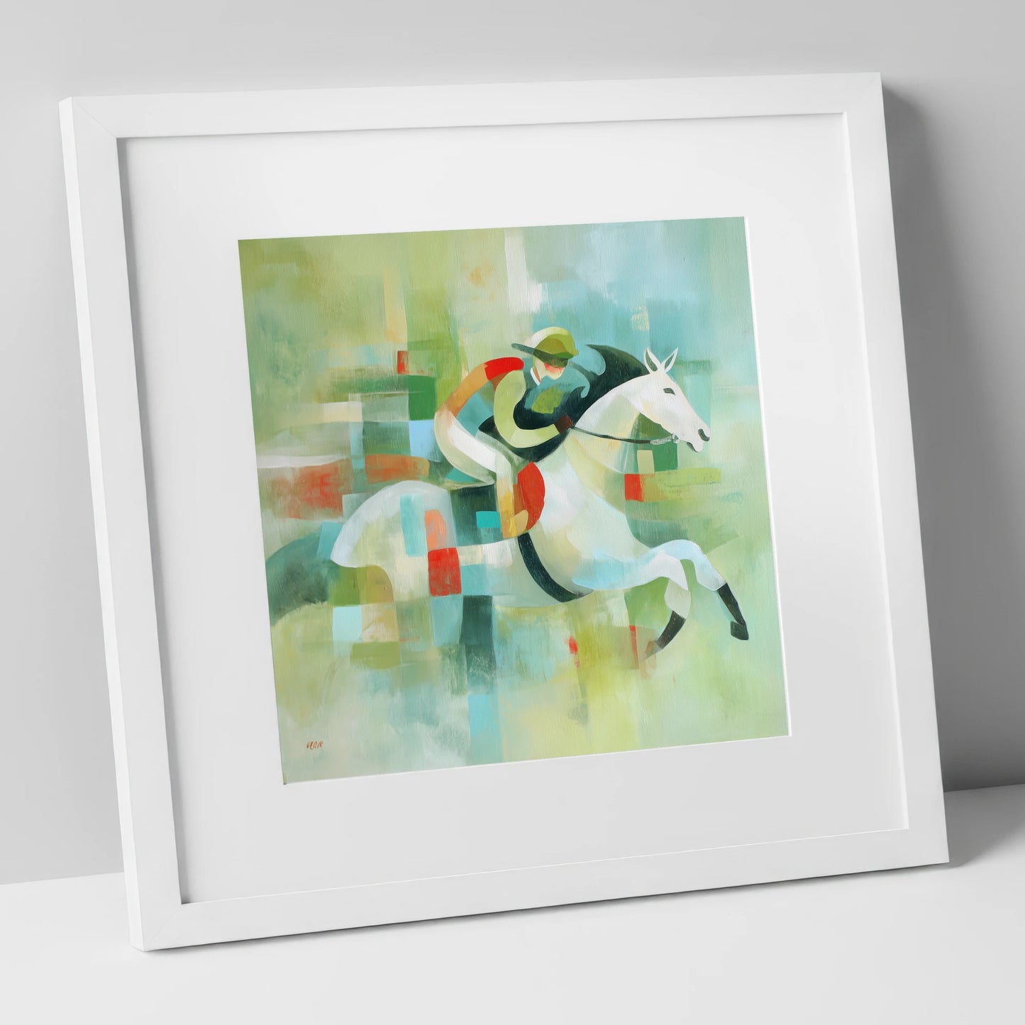 Modern Turf Mosaic racing horse art print in white frame