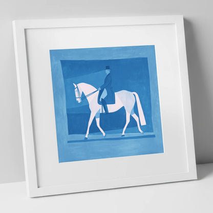 Blue Dressage Silhouette dressage horse art print in white frame