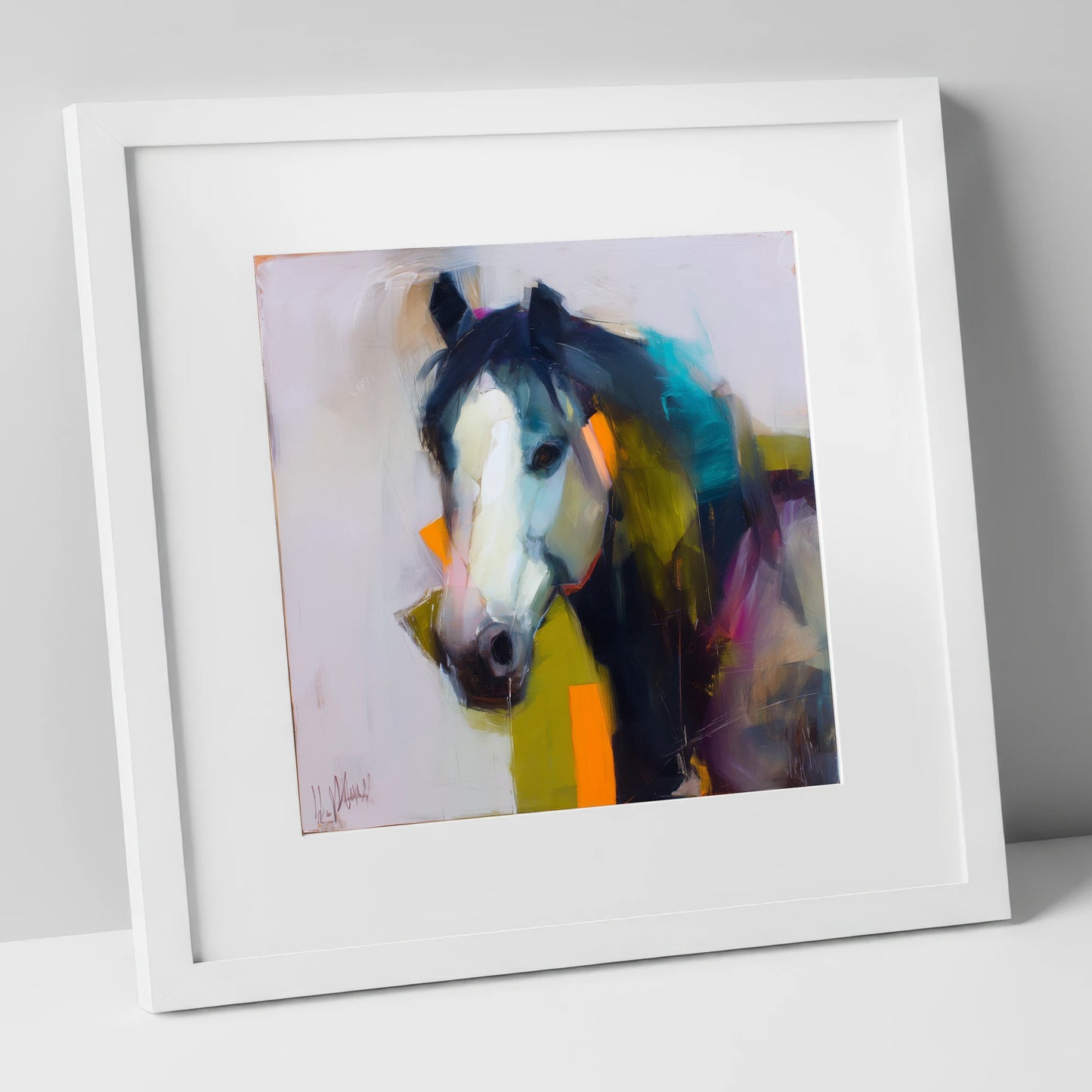 Contemporary Blaze Portrait horse portrait art print in white frame