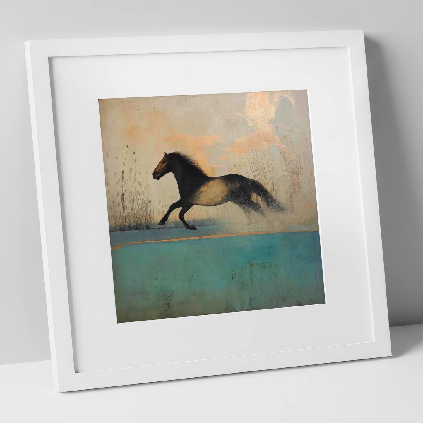 Gilded Horizon Canter horse landscape art print in white frame
