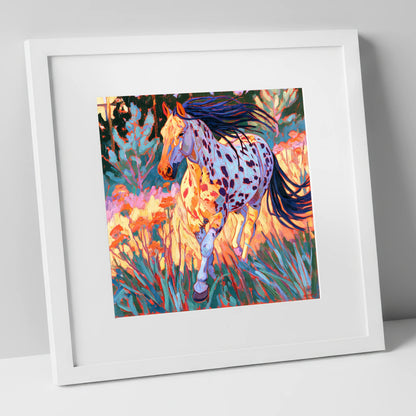 Colourful Appaloosa at Canter horse breed art print in white frame