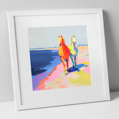 Vibrant Coastal Companions horse landscape art print in white frame