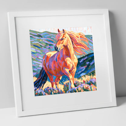 Colourful Golden Horse Portrait horse breed art print in white frame