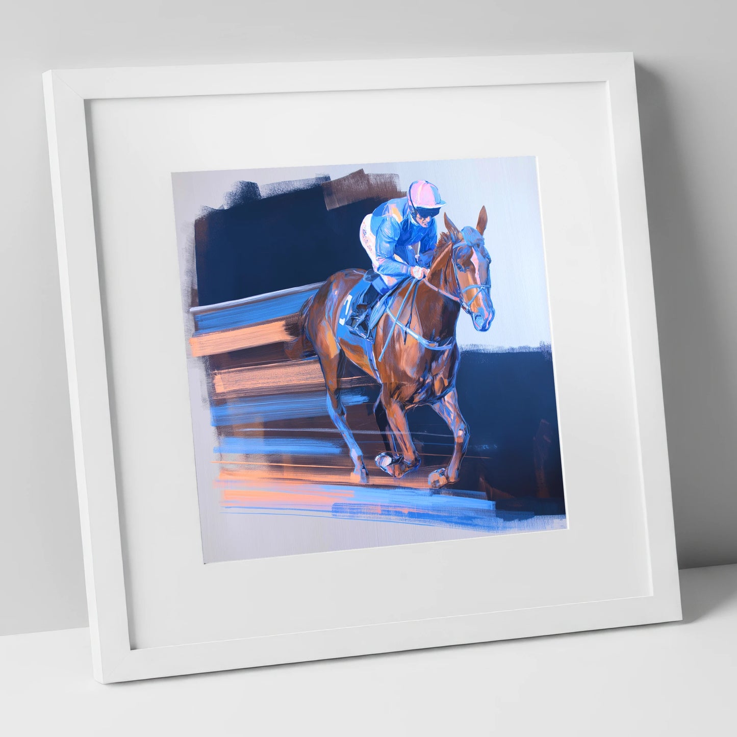 Velocity in Blue racing horse art print in white frame