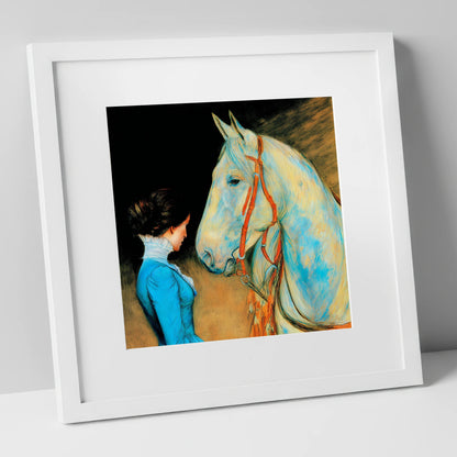 Cerulean Connection horse & rider art print in white frame