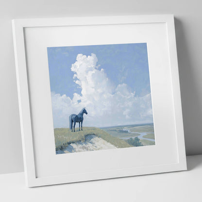 The Quiet Vantage horse landscape art print in white frame
