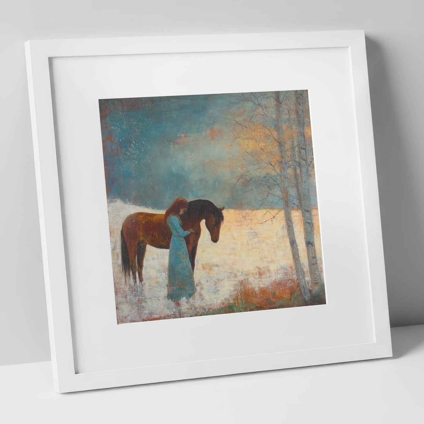 Whispers In Winter horse & rider art print in white frame