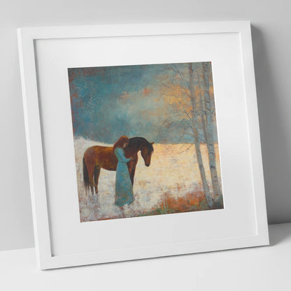 Whispers In Winter horse & rider art print in white frame
