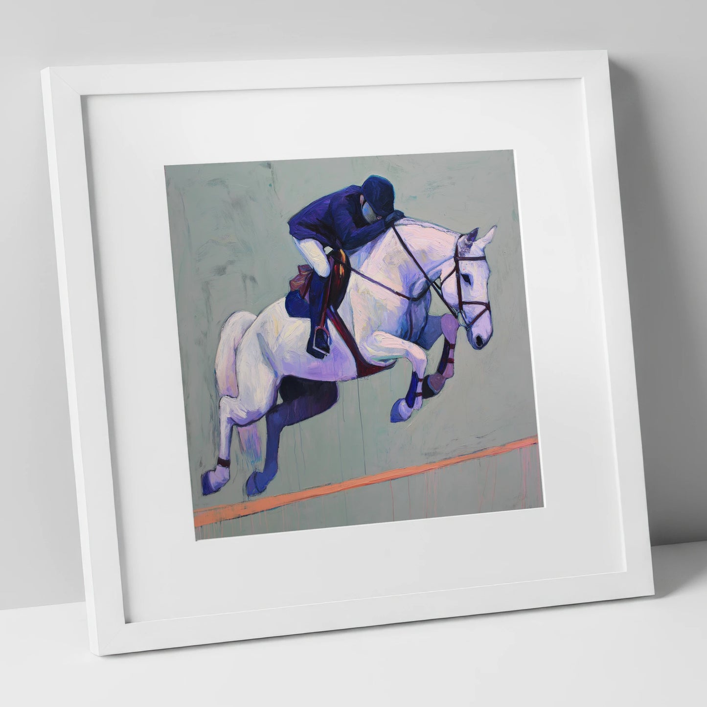 Suspended in Blue show jumping horse art print in white frame