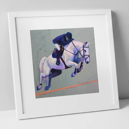 Suspended in Blue show jumping horse art print in white frame