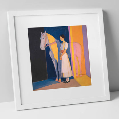 Modernist Equine Harmony horse & rider art print in white frame