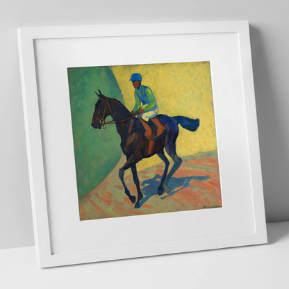 Vibrant Walk to Post racing horse art print in white frame