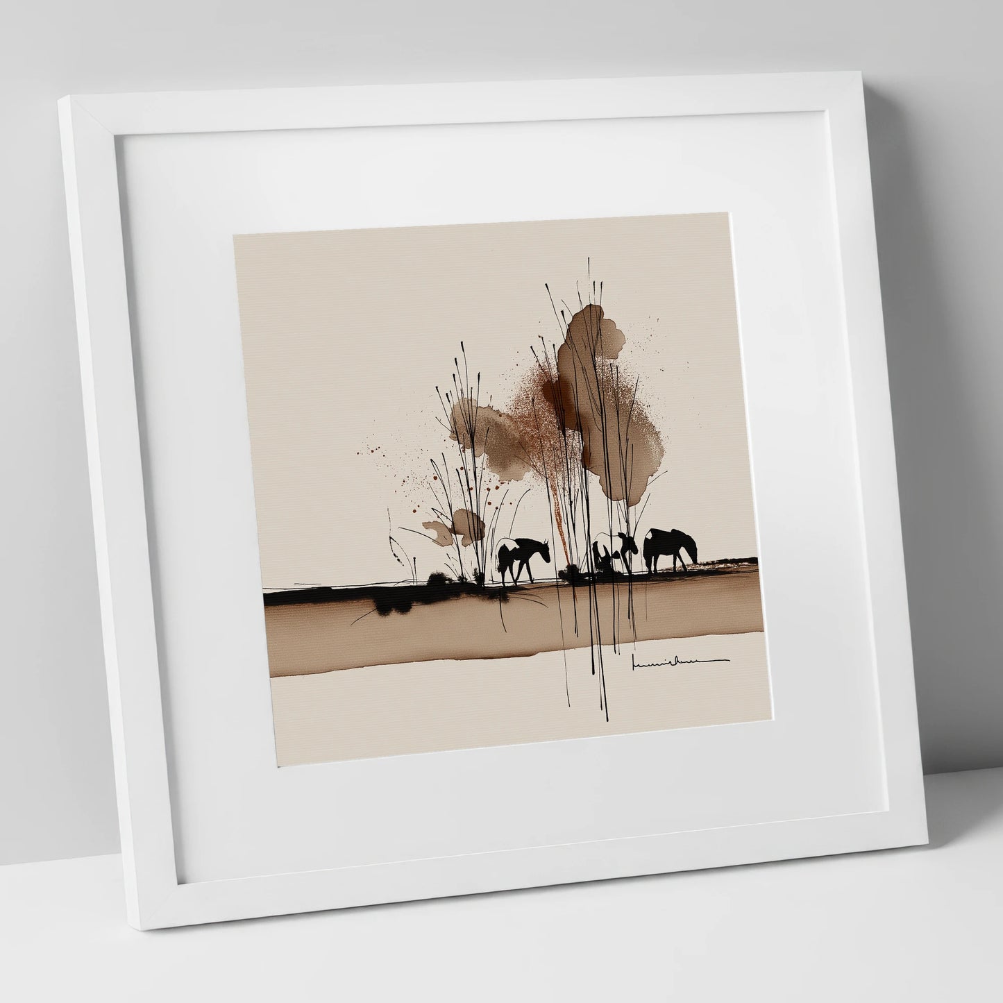 Grazing in Sepia Shadows horse landscape art print in white frame