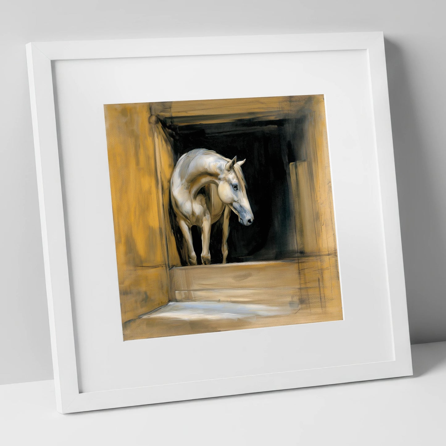 Quiet Anticipation horse stable art print in white frame