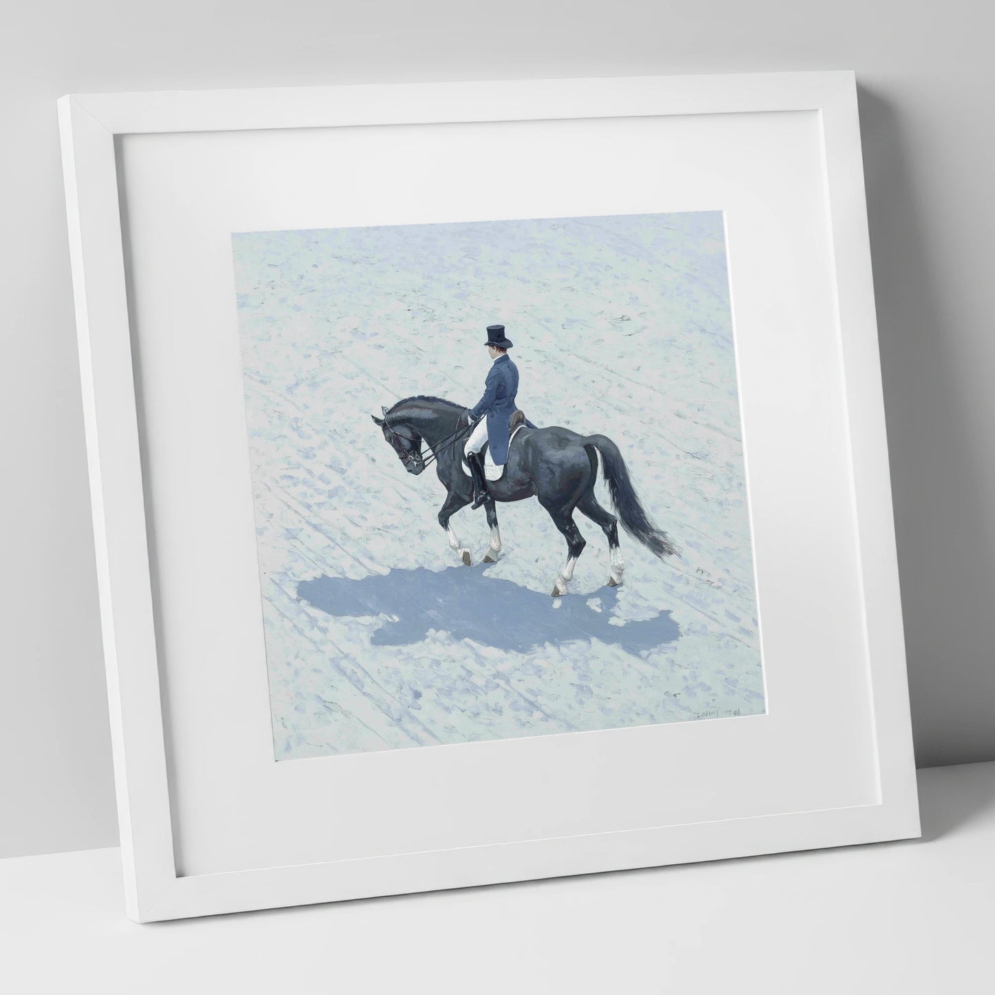 Focus and Shadow dressage horse art print in white frame
