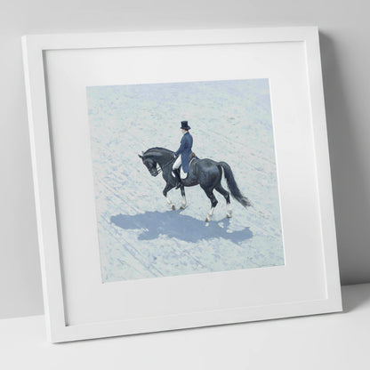 Focus and Shadow dressage horse art print in white frame