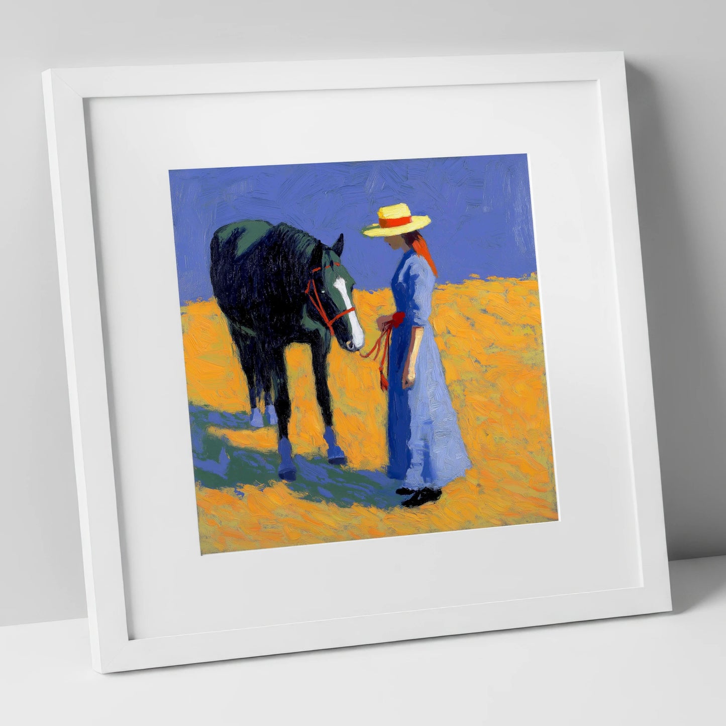 Golden Field Encounter horse & rider art print in white frame