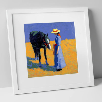Golden Field Encounter horse & rider art print in white frame