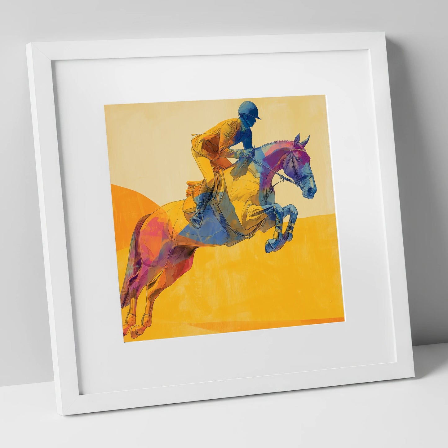 Flight Over Gold show jumping horse art print in white frame