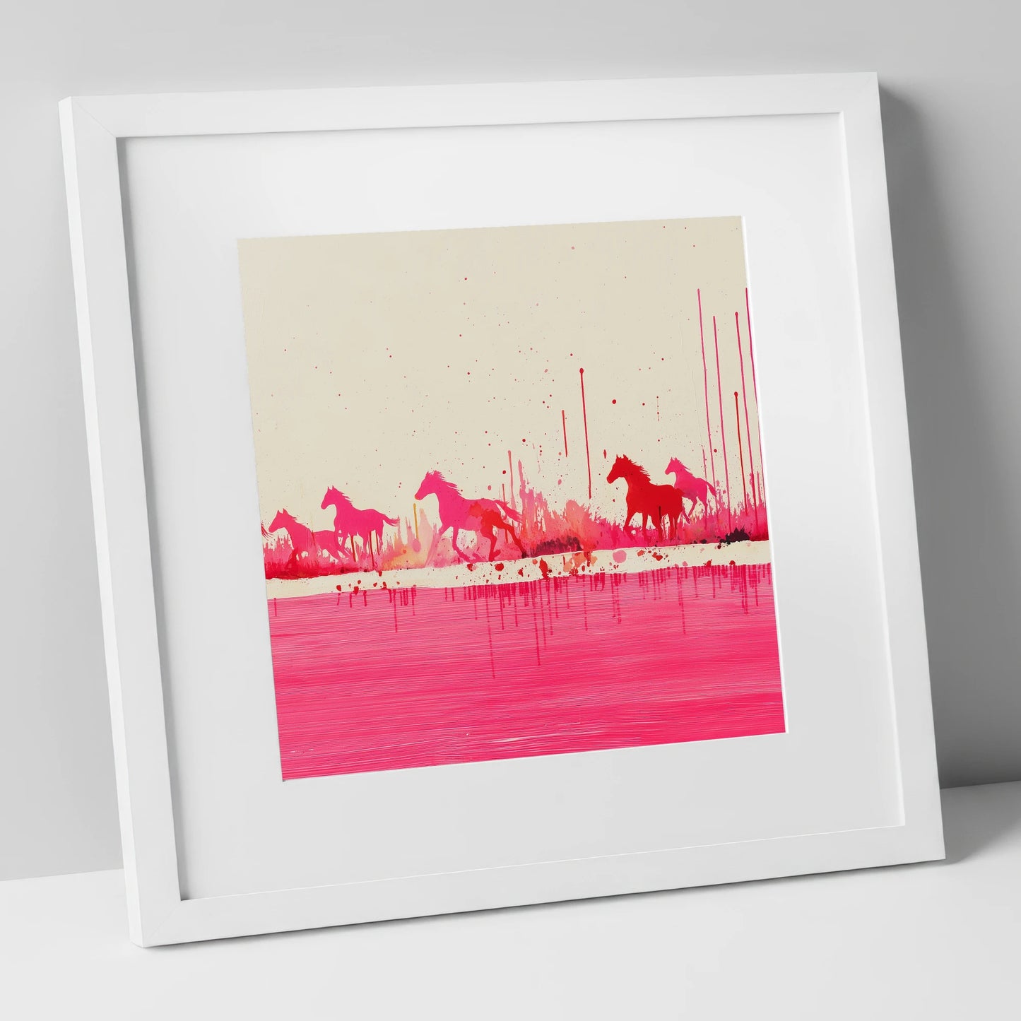Crimson Gallop wild horses art print in white frame